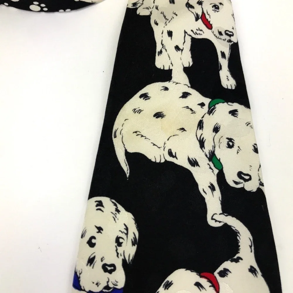 ADDICTION Dalmatian Dogs Tie Puppies Pets Paws Black Silk Handmade Korea Necktie